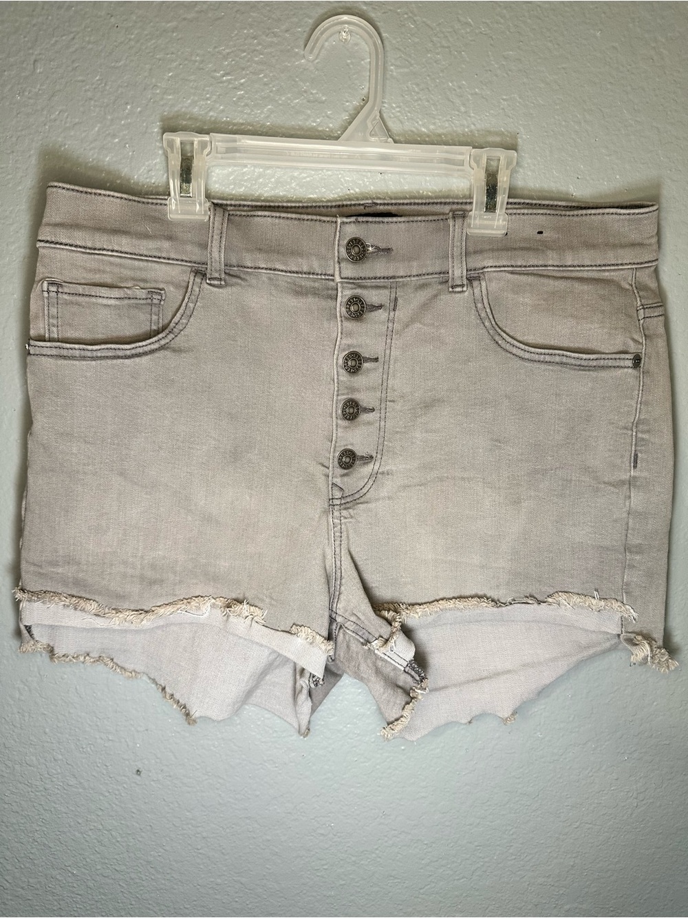 Express Gray Button-Front Frayed Denim Shorts